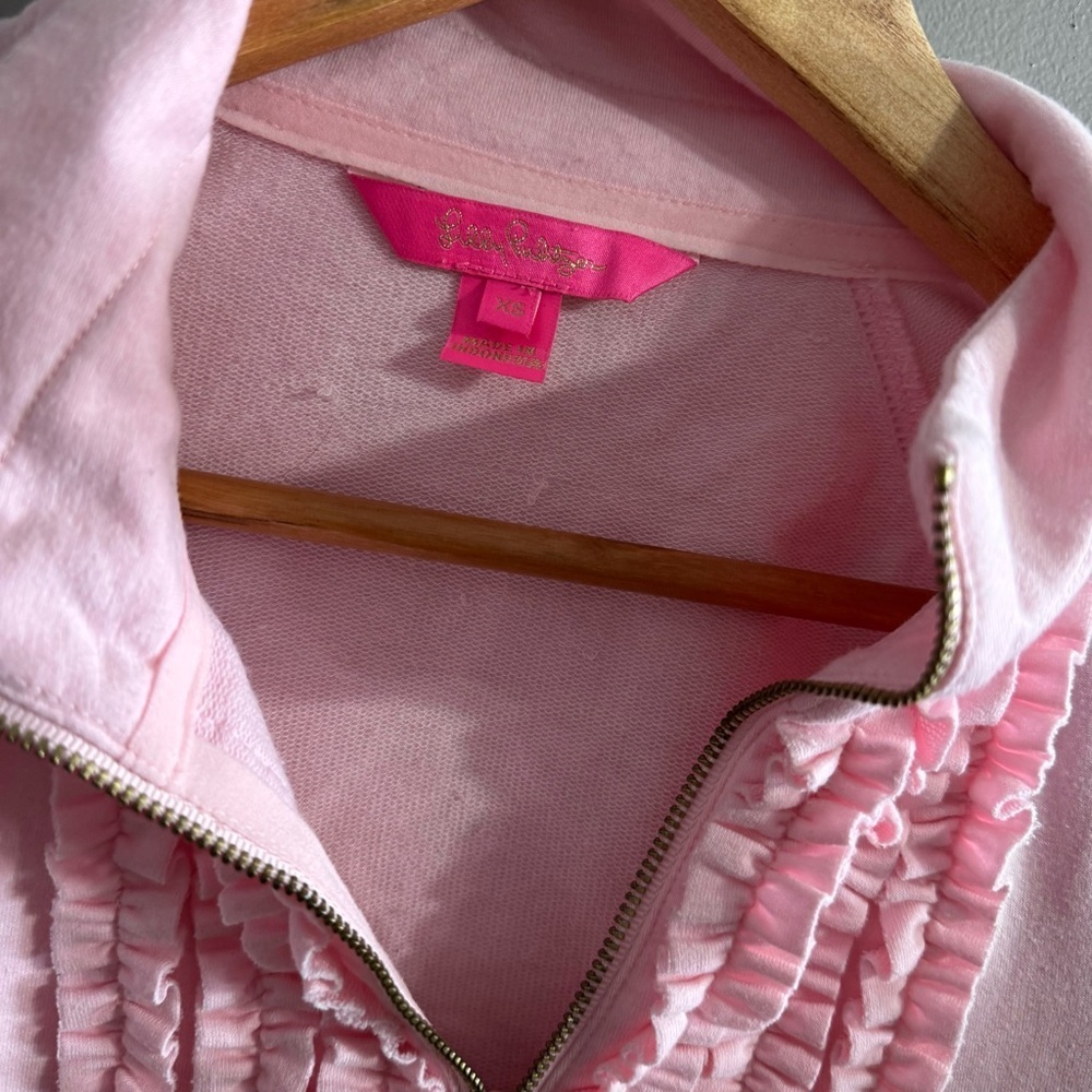 Lilly Pulitzer Half Zip Ruffle Front Design Pullover In Light Pink Color - Picture 3 of 4